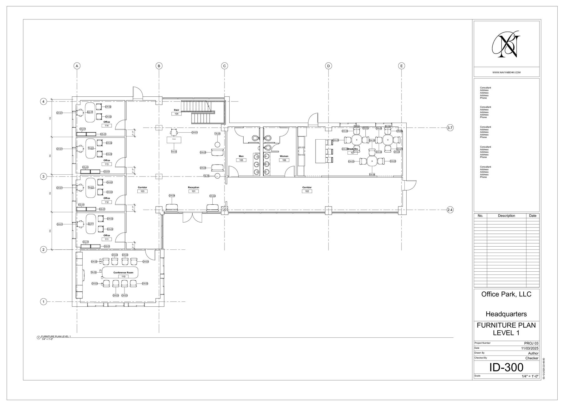 Annotated Sheets — ID-300 — Furniture Plan, Level 1