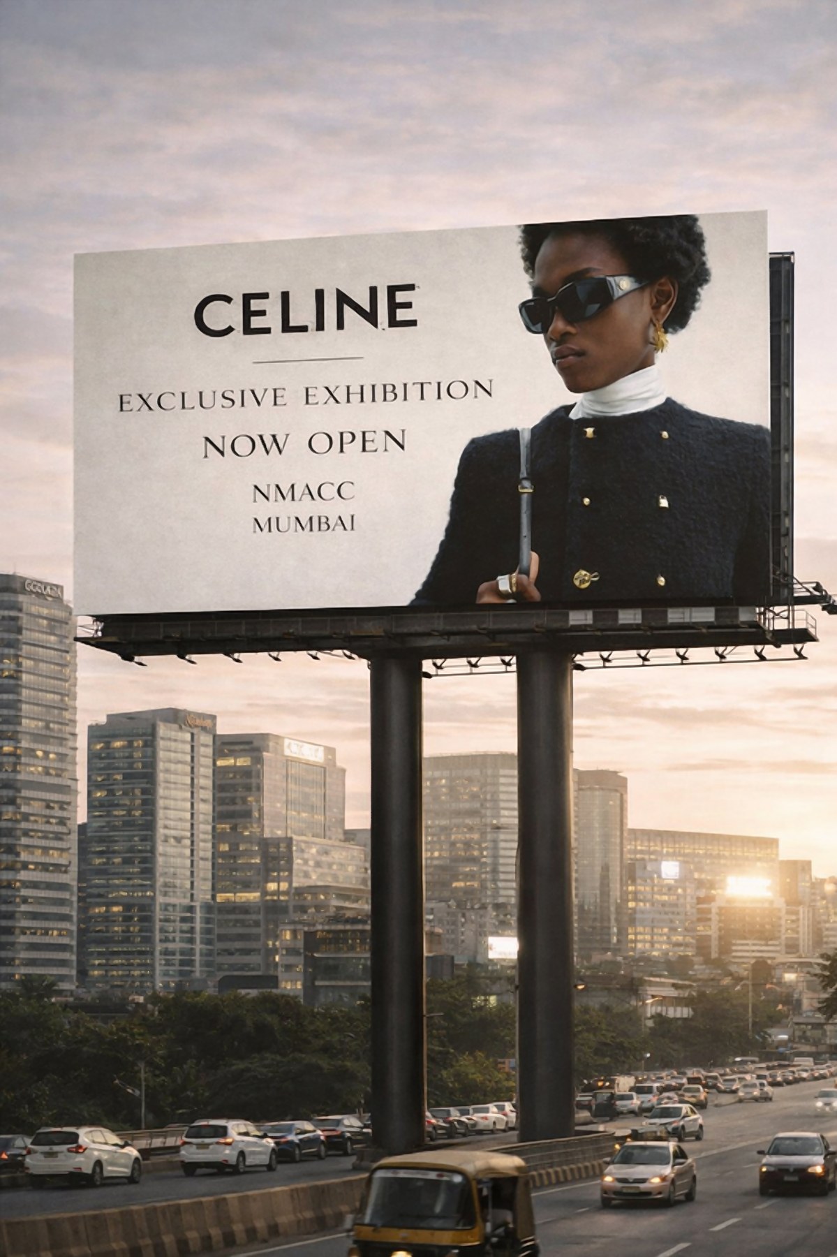 Outdoor billboard announcing the CELINE exclusive exhibition now open at NMACC, Mumbai