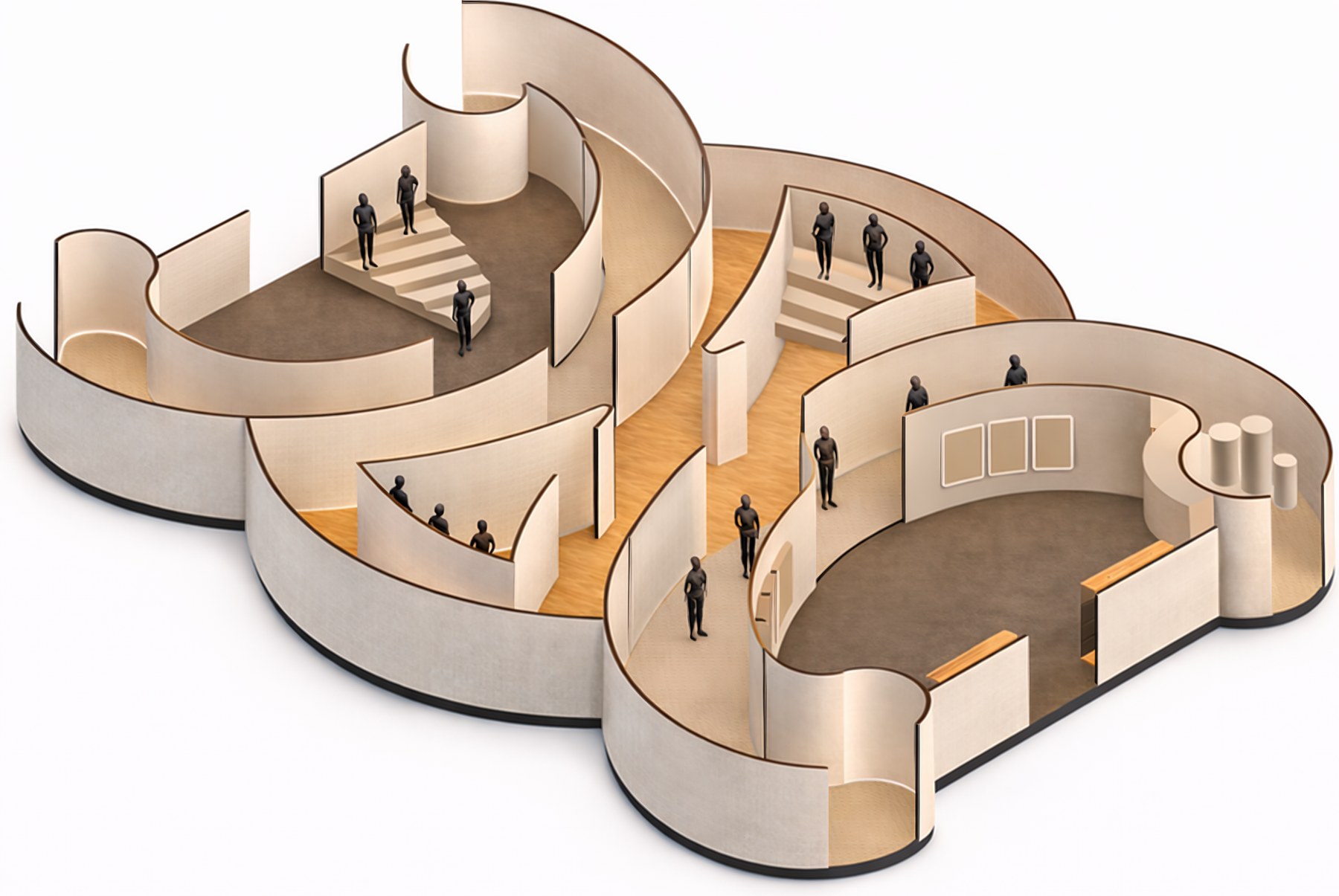Brand exhibition cutaway view with warm lighting showing the curved gallery rooms and circulation