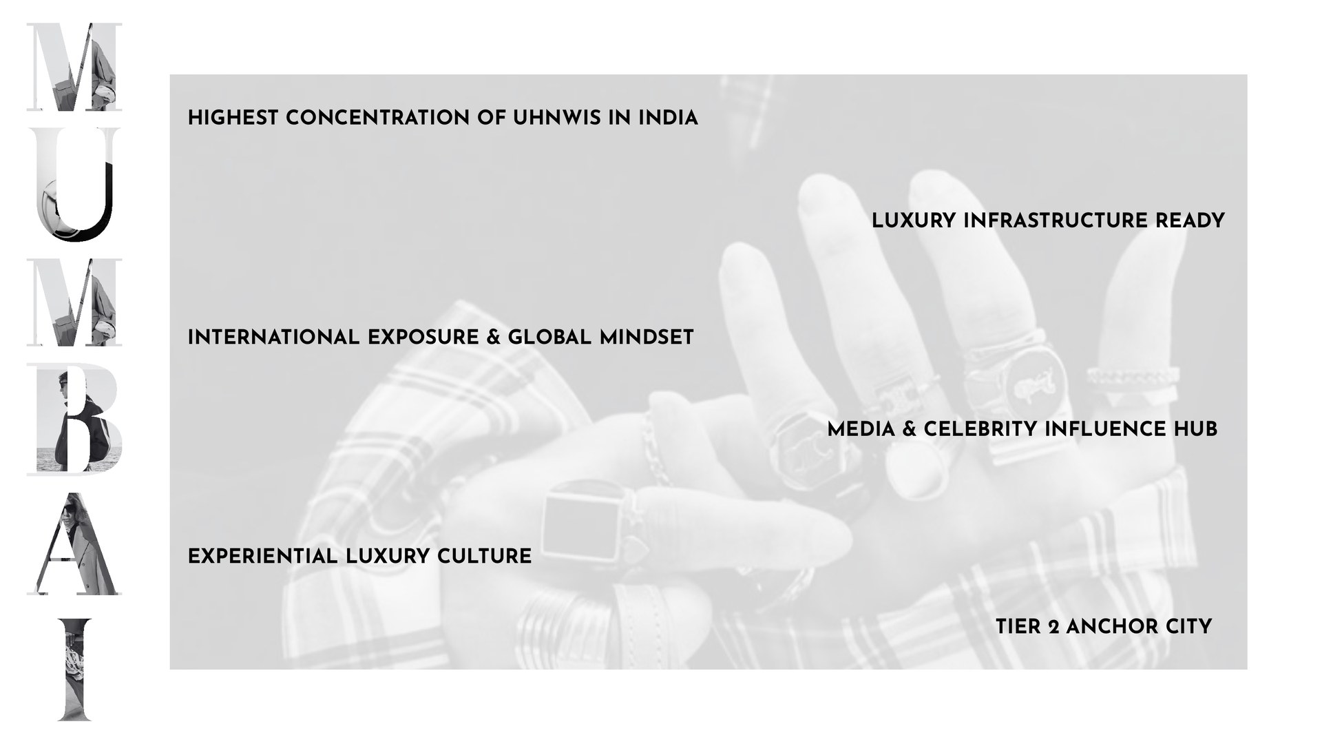 Why Mumbai: highest concentration of UHNWIs, luxury infrastructure, global mindset, media and celebrity hub, and experiential luxury culture
