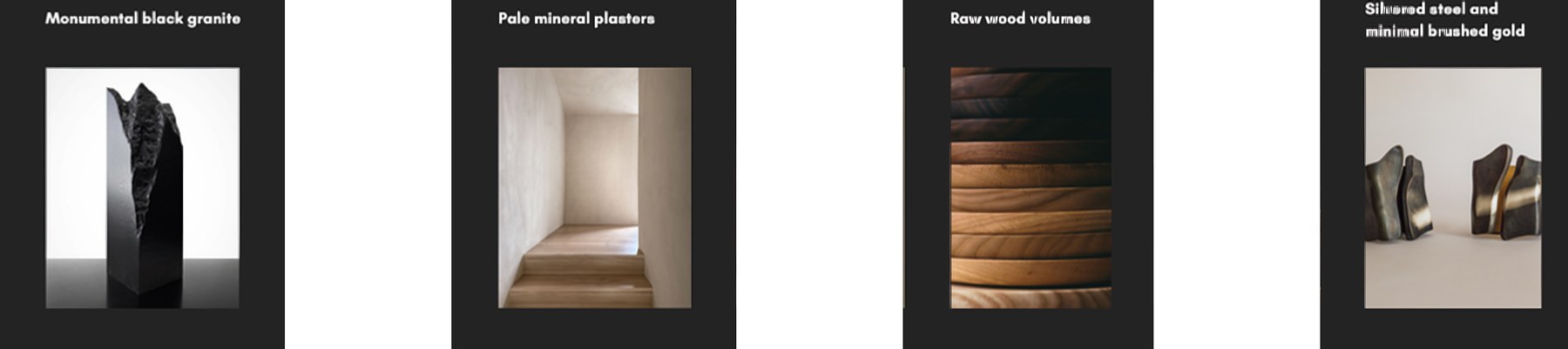 Retail materials: monumental black granite, pale mineral plasters, raw wood volumes, and silvered steel with minimal brushed gold