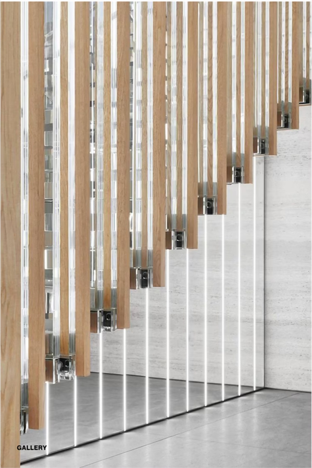 Retail mood board: vertical timber fins with glass edges above a pale stone stair