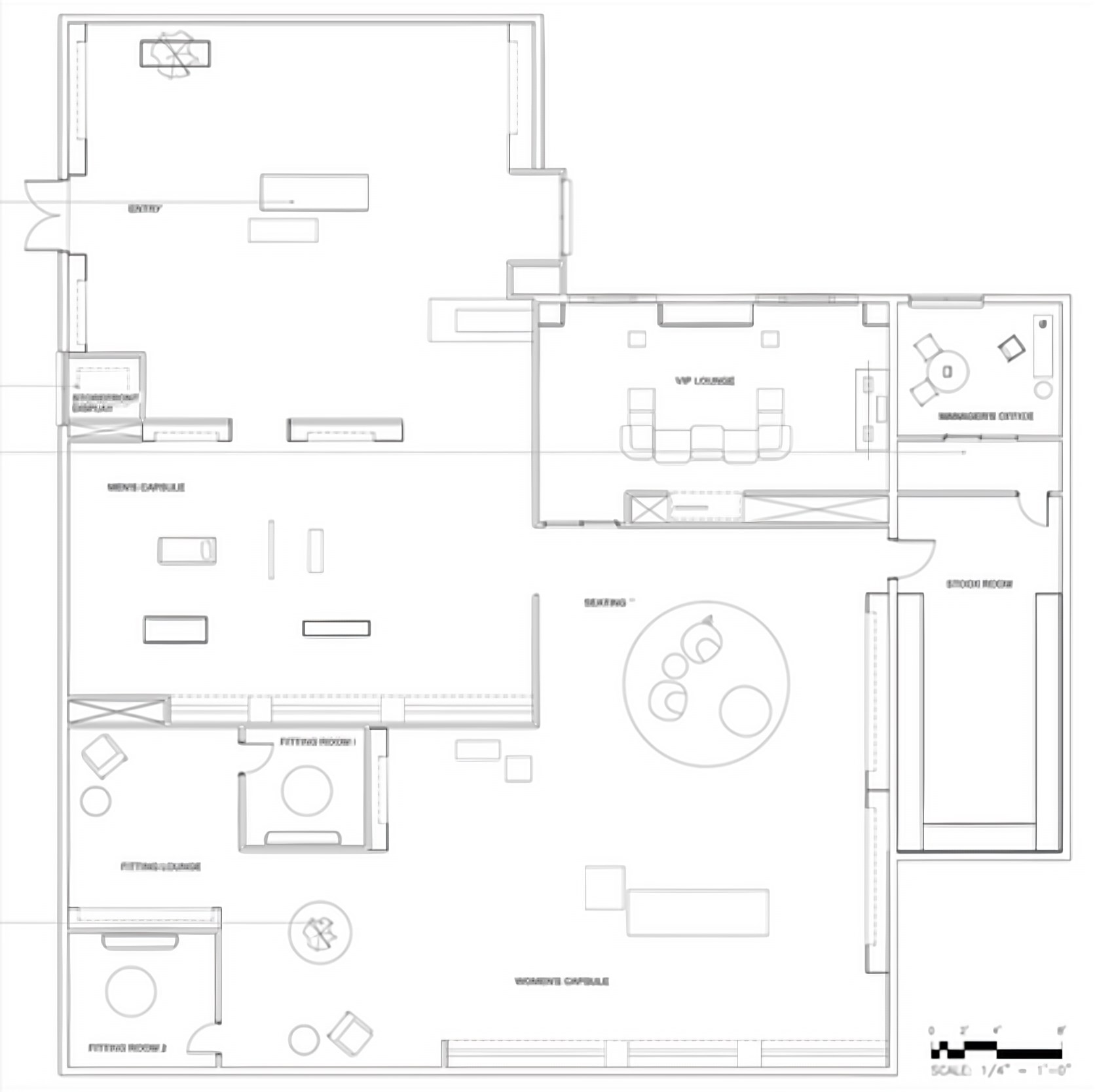 CELINE boutique floor plan, scale 1/4″ = 1′-0″, showing the entry, men’s capsule, women’s capsule, VIP lounge, fitting rooms, manager’s office and stock room