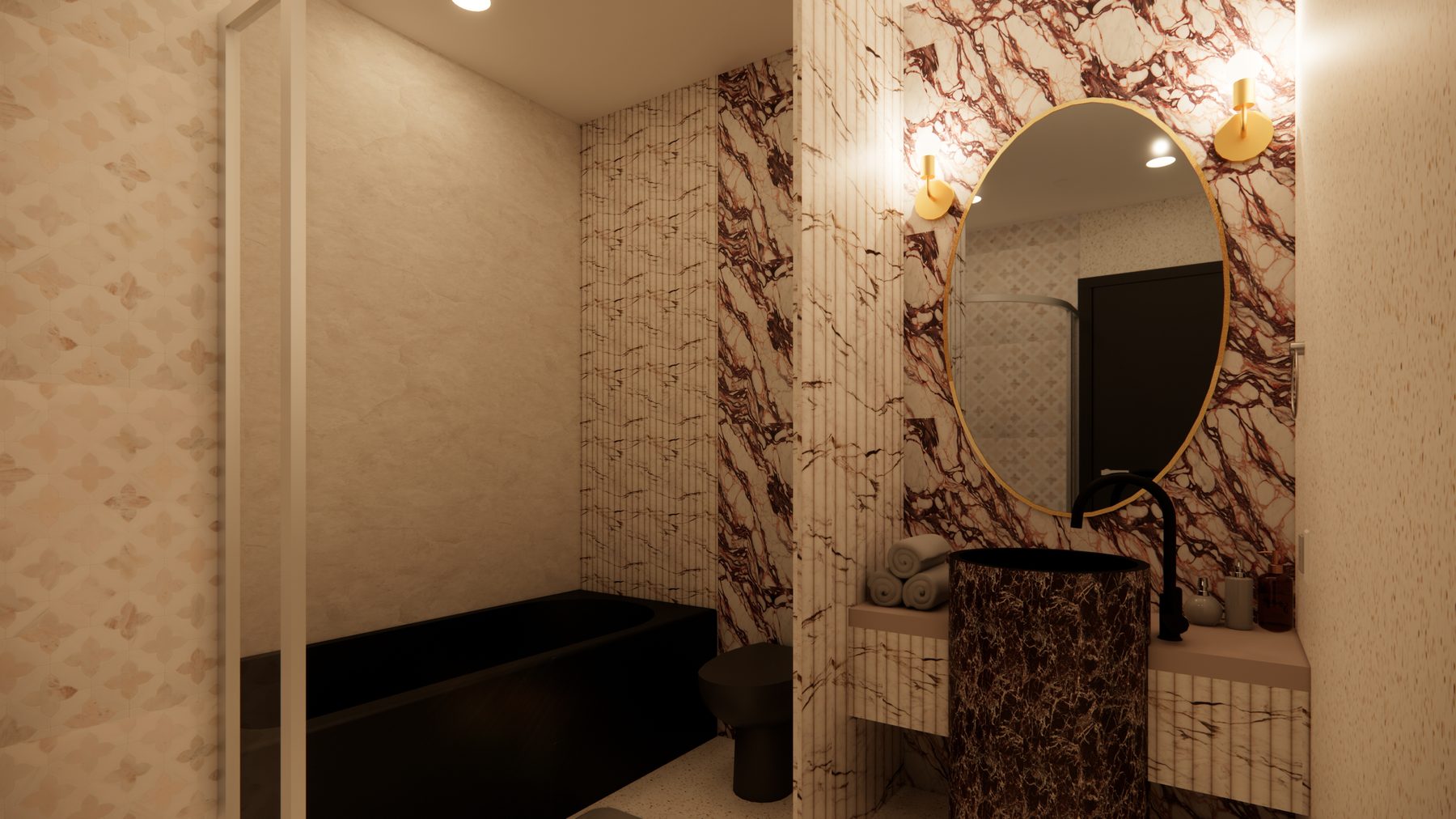Wellness bathroom with layered stone finishes