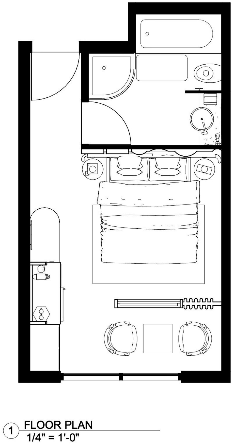 Guestroom floor plan, scale 1/4″ = 1′-0″