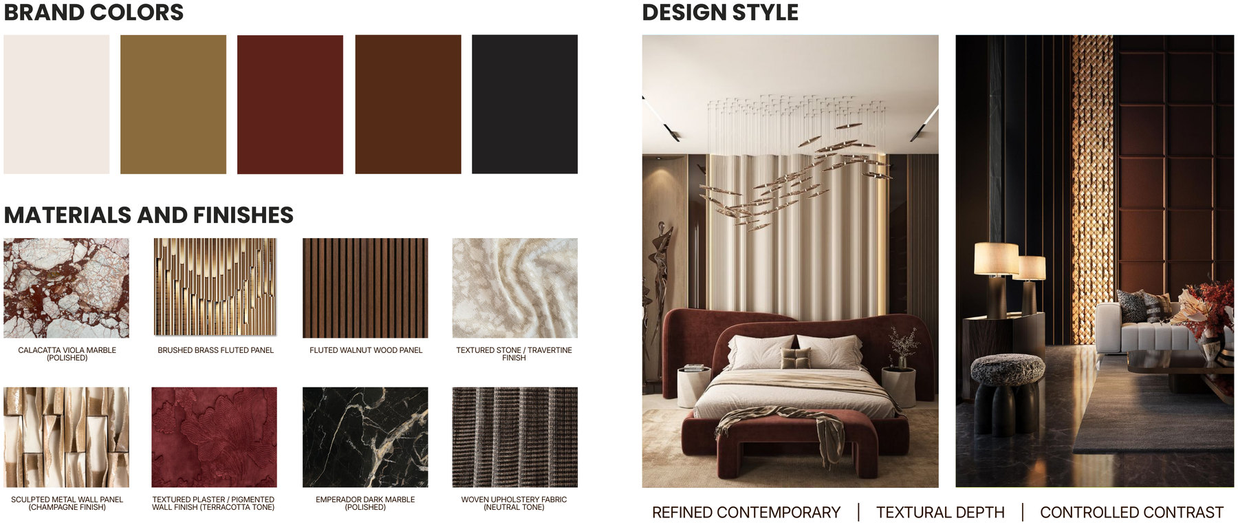 Brand identity and theme: brand colors, materials and finishes, and design style — refined contemporary, textural depth, controlled contrast