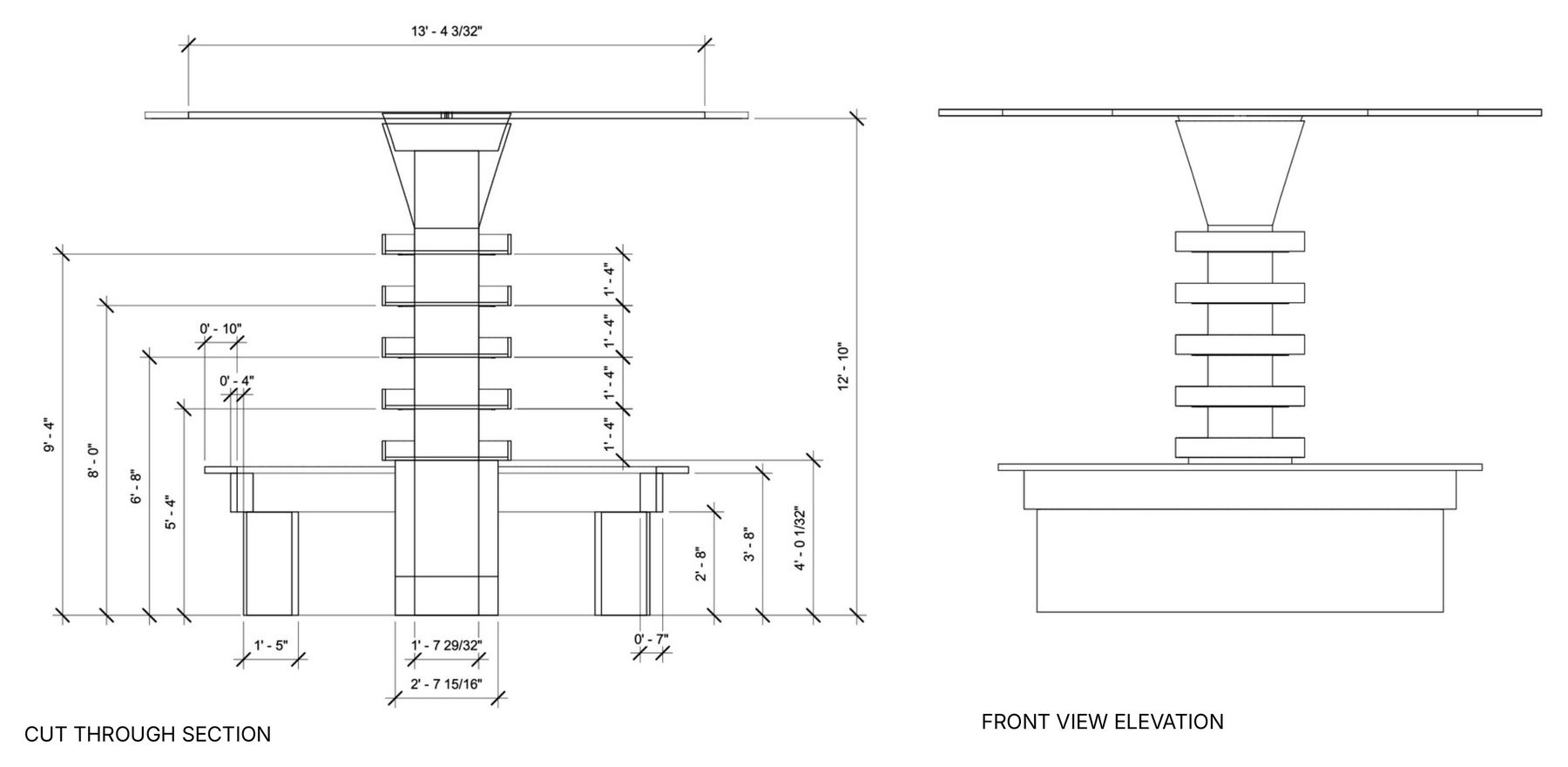Custom bar, cut-through section and front view elevation
