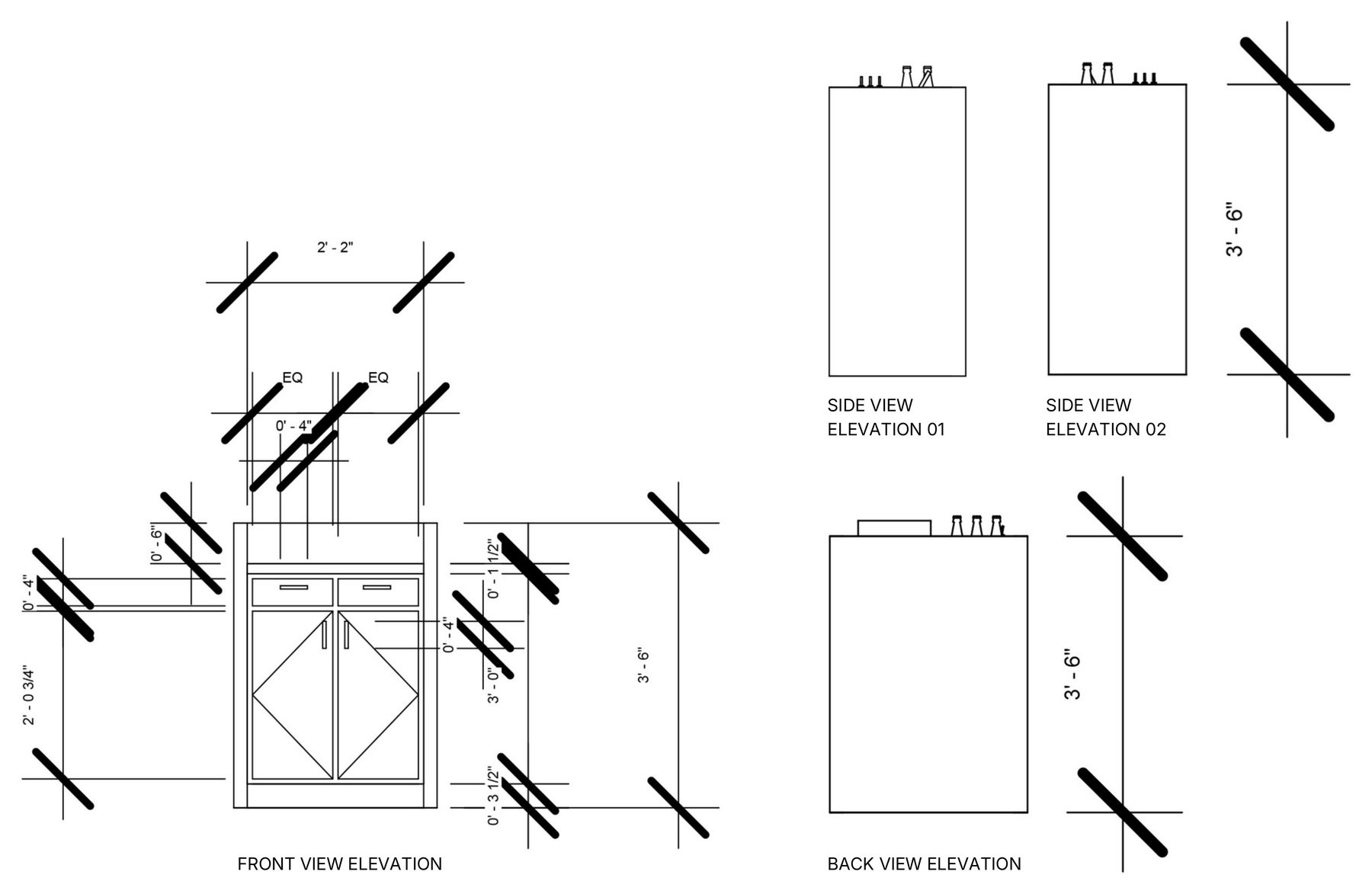 Custom server station, front, side and back elevations